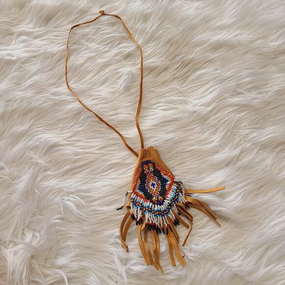Native American Leather Beaded Medicine Bag Pouch Necklace Fringe Southwestern - Picture 1 of 4